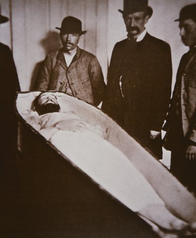 Jesse James in his coffin after being shot dead in 1882 by American Photographer