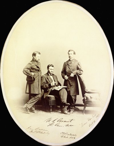 Signed Photograph of Ulysses S. Grant and His Aides, Orville E. Babcock and Adam Badeau, in Military Uniform, c.1865 by American Photographer