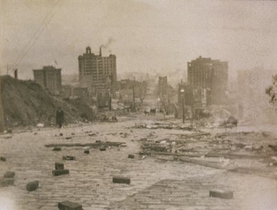 View of the San Francisco skyline with smoke from the fire caused by the earthquake, 1906 by American Photographer