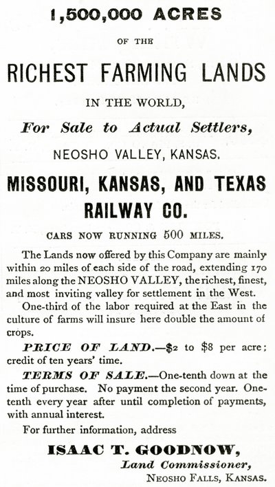 1,500,000 Acres of the Richest Farming Lands in the World, in the Neosho Valley, Kansas, Advertisement from Appletons Journal, May 4, 1872 by American School