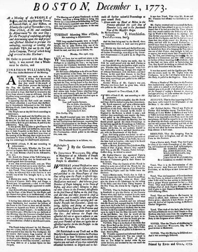 A Broadside Newspaper Detailing the Events of the Boston Tea Party, December 1773 by American School