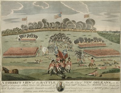 A Correct View of the Battle near the City of New Orleans, pub. c.1815 (hand coloured engraving) by American School