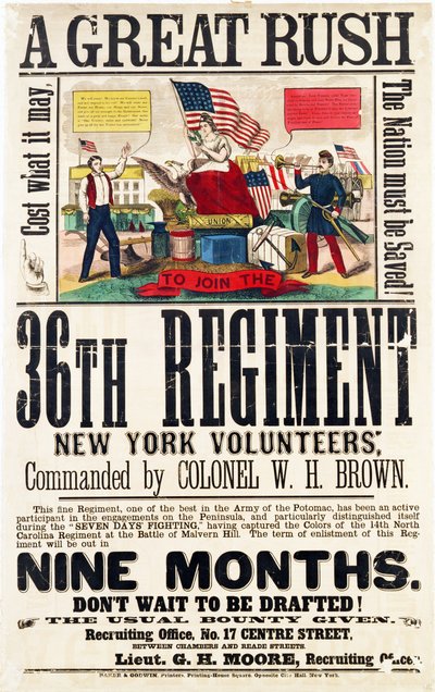 A Great Rush, recruitment poster for 36th Regiment, published by Baker & Goodwin by American School
