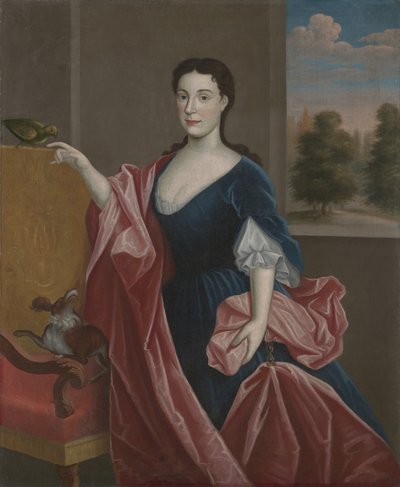 A Hudson Valley Lady with Dog and Parrot, c.1720-30 by American School