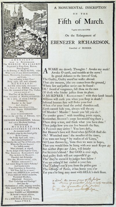 A Monumental Inscription on the Fifth of March, 1772 by American School