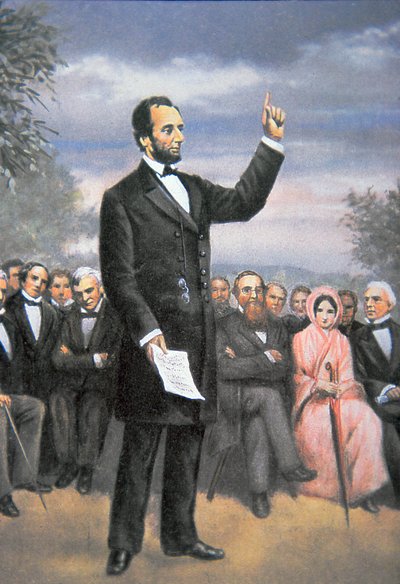Abraham Lincoln (1809-65) delivering the Gettysburg address at Gettysburg, Pennsylvania, November 1863 by American School