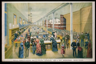 Advertisement for Hill Bros. Millinery Goods with an interior view of the main saleroom by American School