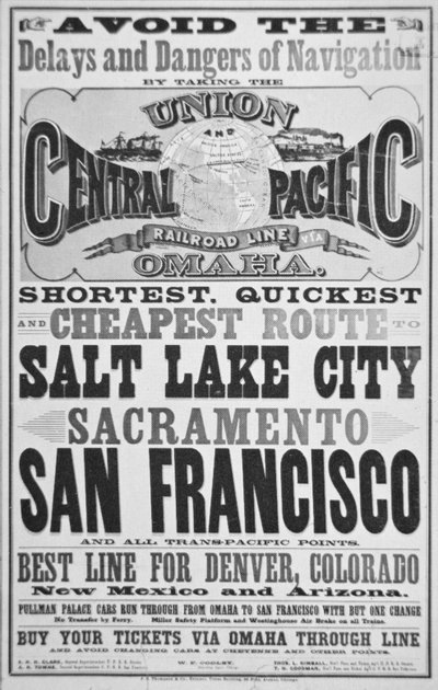 Advertisement for Union and Central Pacific Railroad Line, c.1870 by American School