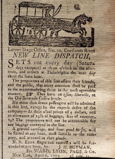 Advertisement for the New Line Dispatch, from The New York Journal & Patriotic Register, 6th April, 1793 by American School