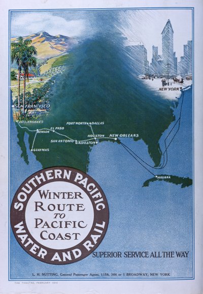Advertisement for the Winter Route to Pacific Coast of Southern Pacific Water and Rail, from Theatre magazine, 1910 by American School
