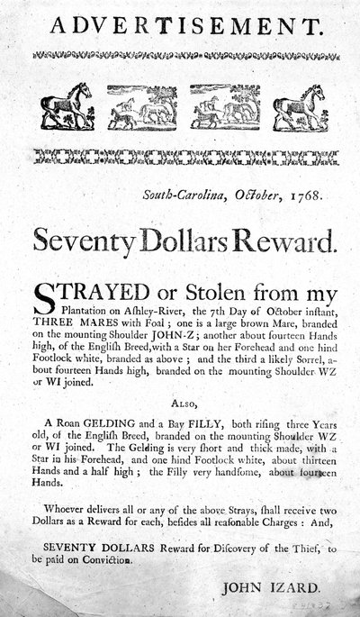 Advertisement offering a seventy dollar reward for the recovery of strayed (or stolen) horses, and capture of the thief, posted in South Carolina, 1768 by American School