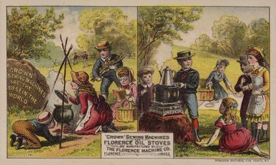 American trade card advertising sewing machines and oil stoves manufactured by the Florence Machine Company, Massachusetts by American School