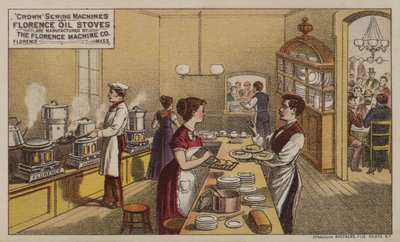 American Trade Card Advertising Sewing Machines and Oil Stoves Manufactured by the Florence Machine Company, Massachusetts by American School