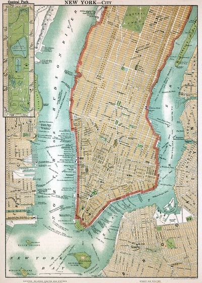 Antique Map of Lower Manhattan and Central Park by American School