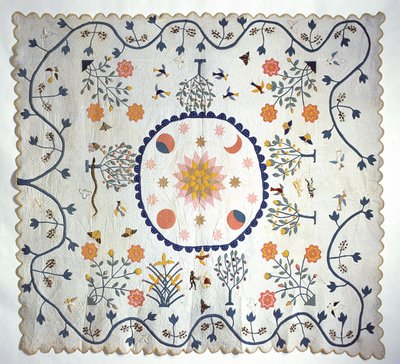 Applique quilt with Sun, Moon, Stars and the Garden of Eden, from Arkansas, c.1850-80 by American School