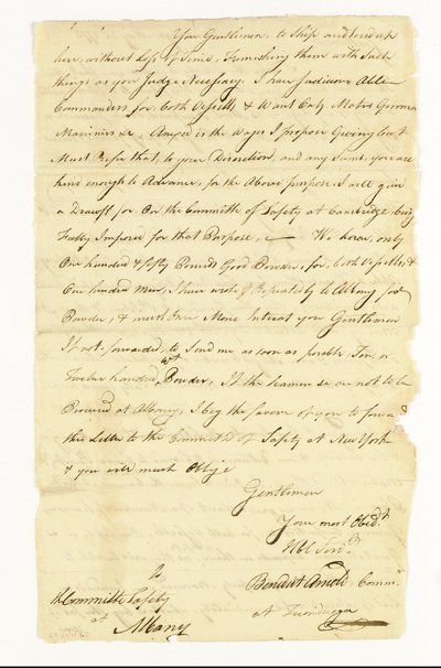 Arnold Benedict (1741-1801) General, Continental Army, Traitor. Autograph Letter Signed to the Committee of Safety at Albany, Ticonderoga, 22 May 1775 by American School