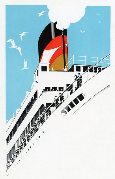 Art Deco 1920s Illustration of a Cruise Ship with Passengers by American School