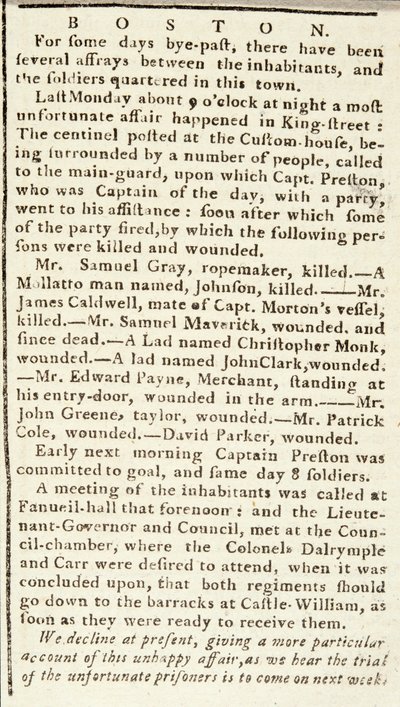 Article from the Boston Chronicle detailing the events of the Boston Massacre, 5th March, 1770 by American School