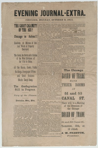 Article from the Chicago Evening Journal-Extra regarding the Chicago Fire of 1871, 9th October 1871 by American School