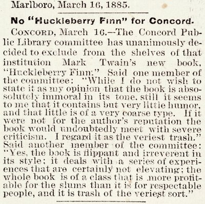Article in the Boston Daily Globe regarding the banning of Huckleberry Finn in Concord, Massachusetts, 16th March, 1885 by American School