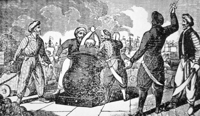 Barbary Corsairs return the French Consul at Algiers to his ship, by cannon by American School
