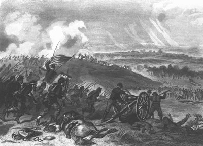 Battle of Gettysburg - Final Charge of the Union Forces at Cemetery Hill, 1863 pub. 1865 by American School