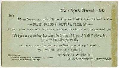 Bennett & Hall Trade Card, 1882 by American School