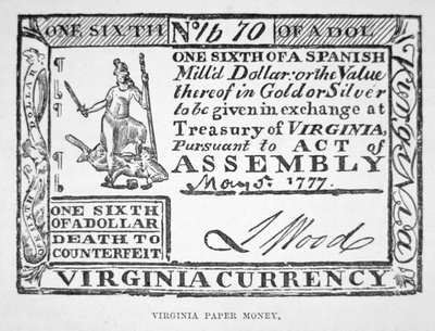 Bill for One Sixth of a Dollar, Virginia Paper Money of 1777 by American School