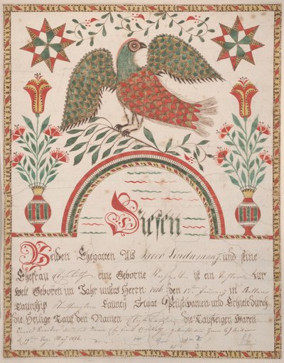 Birth and Baptismal Certificate for Elisabeth Lindaman, c.1820 by American School