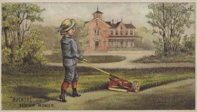 Boy mowing grass outside country house by American School