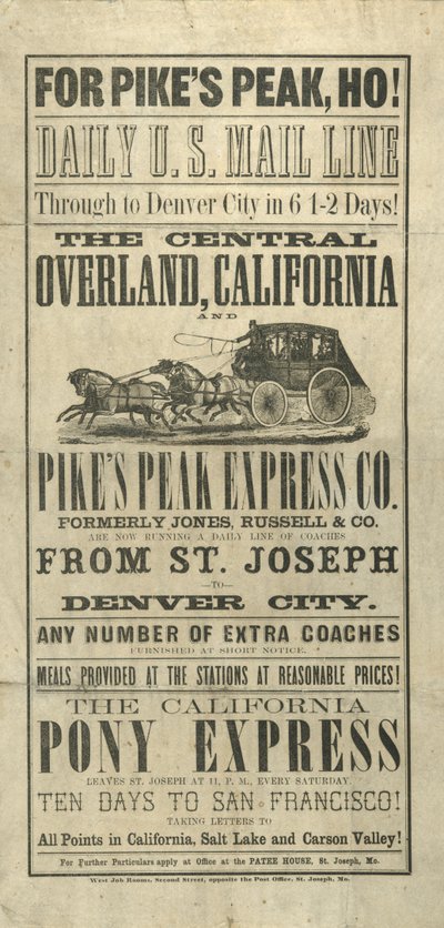 Broadside advertising Trans-American journeys and travel routes by American School