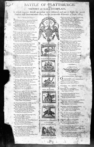 Broadside from the War of 1812, featuring Battle of Plattsburgh and Victory on Lake Champlain by American School