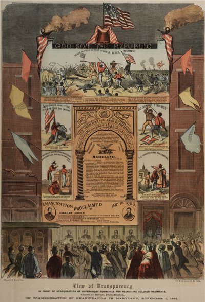 Broadside Regarding Recruitment of African Americans and Celebrating Emancipation in Maryland, Ringwalt & Brown, c.1 November 1864 by American School