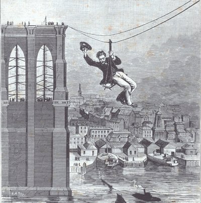 Brooklyn Bridge Under Construction; Mr. Farrington, Chief Construction Supervisor, is First to Cross the Span Between the Two Pylons on 25 August 1876 by American School