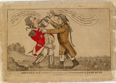 Brother Jonathan administering a salutory cordial to John Bull by American School