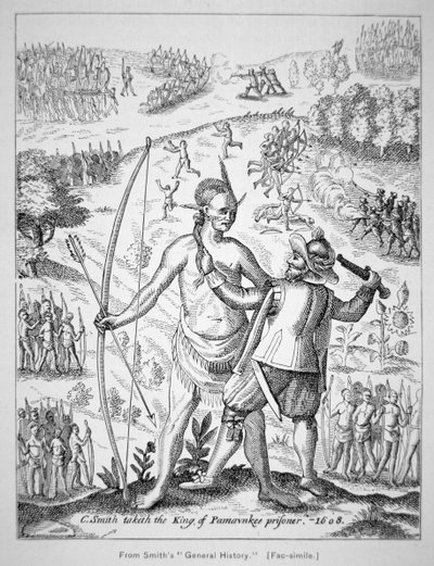 Captain John Smith capturing an Indian Chief in 1608, from Smith