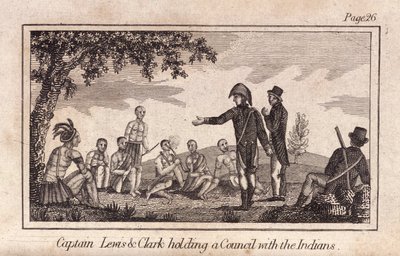Captain Lewis & Clarke holding a Council with the Indians, pub. 1812 (engraving) by American School