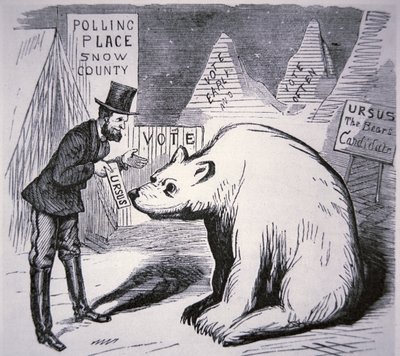 Cartoon depicting American politician trying to find voters in Uninhabited Alaska by American School