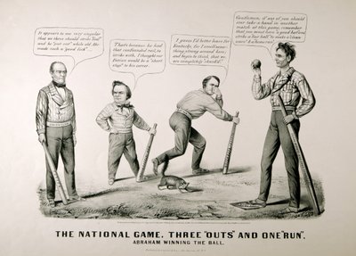 Cartoon showing Abraham Lincoln Winning the Ball against his opponents Douglas, Bell, and Breckenridge in the Presidential Election of 1860 by American School