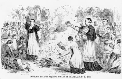 Catholic Priests Burning Bibles at Champlain, New York, illustration from an Anti-Catholic pamphlet, 1842 by American School