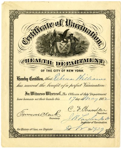 Certificate of Vaccination, the Health Department of the City of New York..., 1882 by American School