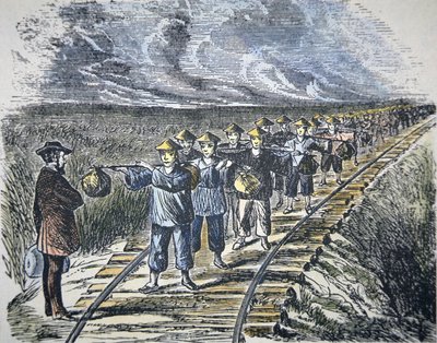 Charles Crocker and his Chinese workforce constructing the Central Pacific Railroad, completed 1869 by American School