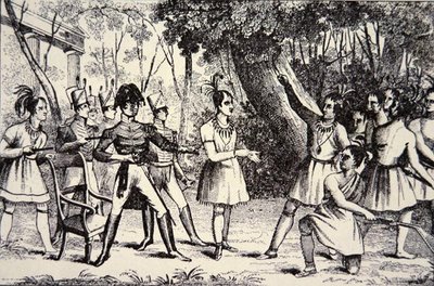 Chief Tecumseh defying General Harrison (engraving) by American School