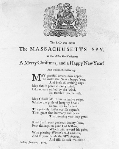 Christmas Greetings from The Lad Who Carries The Massachusetts Spy, Printed in The Massachusetts Spy, 1st January 1771 by American School