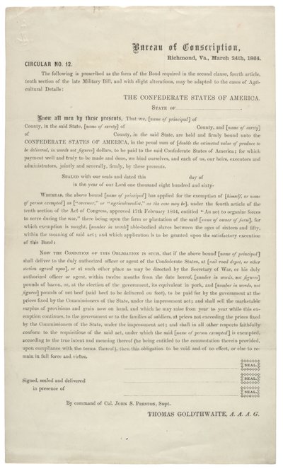 Circular No. 12, a Blank Application for Exemption from Service in the Confederate Army, 24 March 1864 by American School