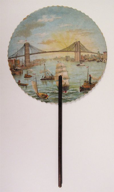 Commemorative fan printed with scene of Brooklyn Bridge by American School