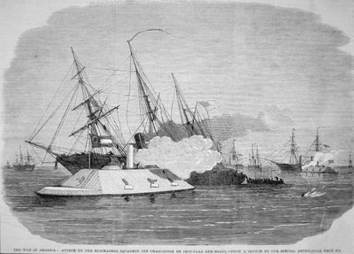 Confederate ironclads attack the Federal blockade squadron off Charleston, 4th April 1863 by American School