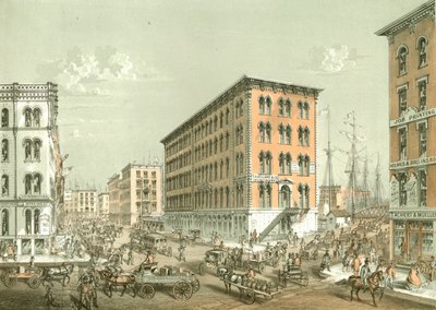 Corner of Clark and South Water Street, from Chicago Illustrated, with Literary Descriptions by James W. Sheahan, Published by Jevne & Almini, Chicago by American School