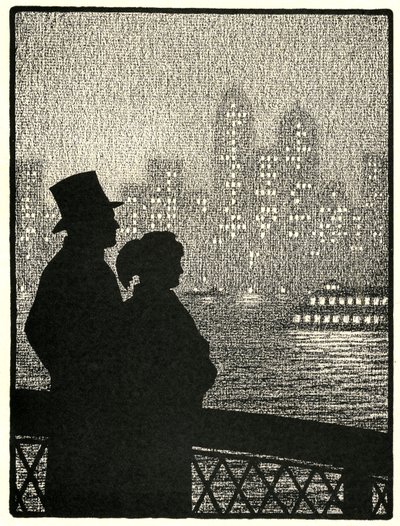 Couple Looking at Manhattan Skyline by American School