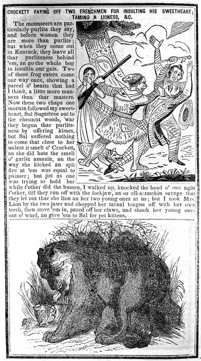 Davy Crockett Paying off Two Frenchmen for Insulting His Sweetheart, Taming a Lioness, etc., illustration from Crocketts Almanack by American School